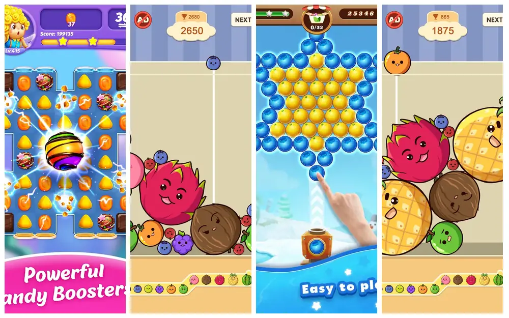 Boards from three titles on the bench, captured on Google Play