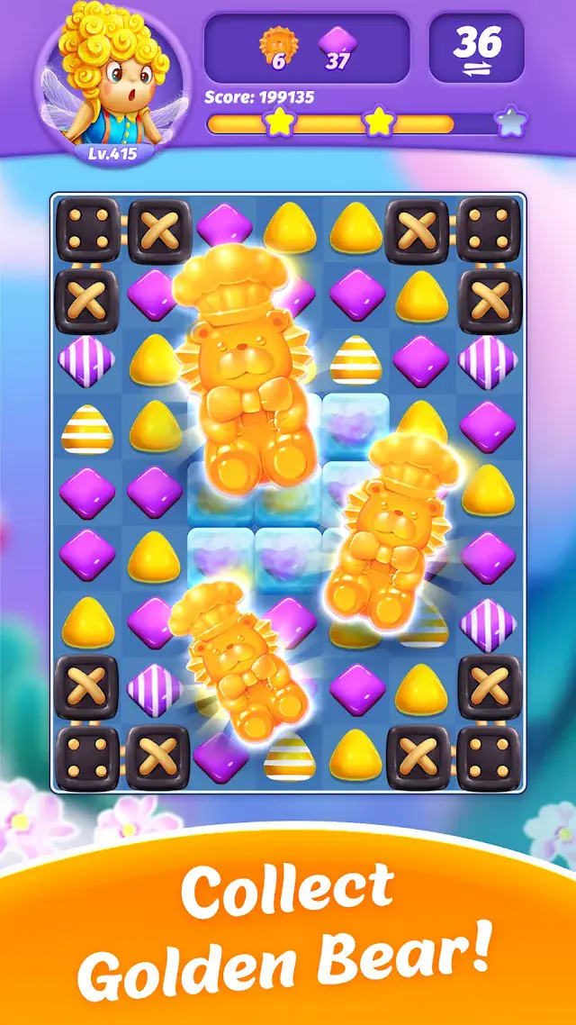 Candy Charming - Match 3 Games board with golden pieces to collect
