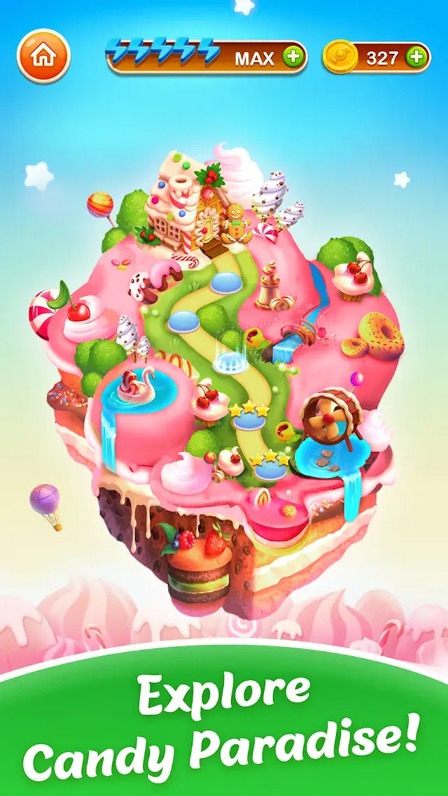 Candy Charming - Match 3 Games map across a cake-shaped island