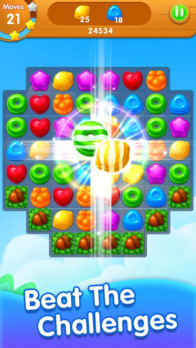 Candy Story challenge level with a full board of sweets